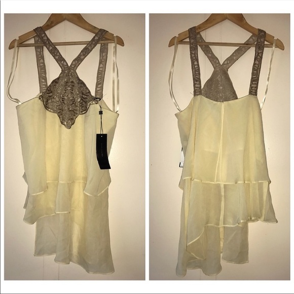BCBGMaxAzria Almond Yellow Silk Embroidered Tulle Top - Picture 7 of 15